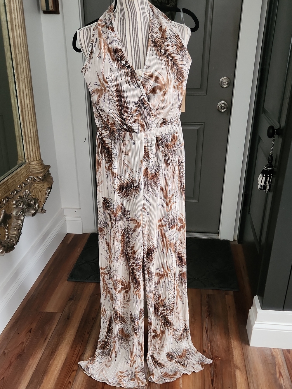 Rokoko Halter Maxi Jumpsuit in Cream with Brown Leaf Print